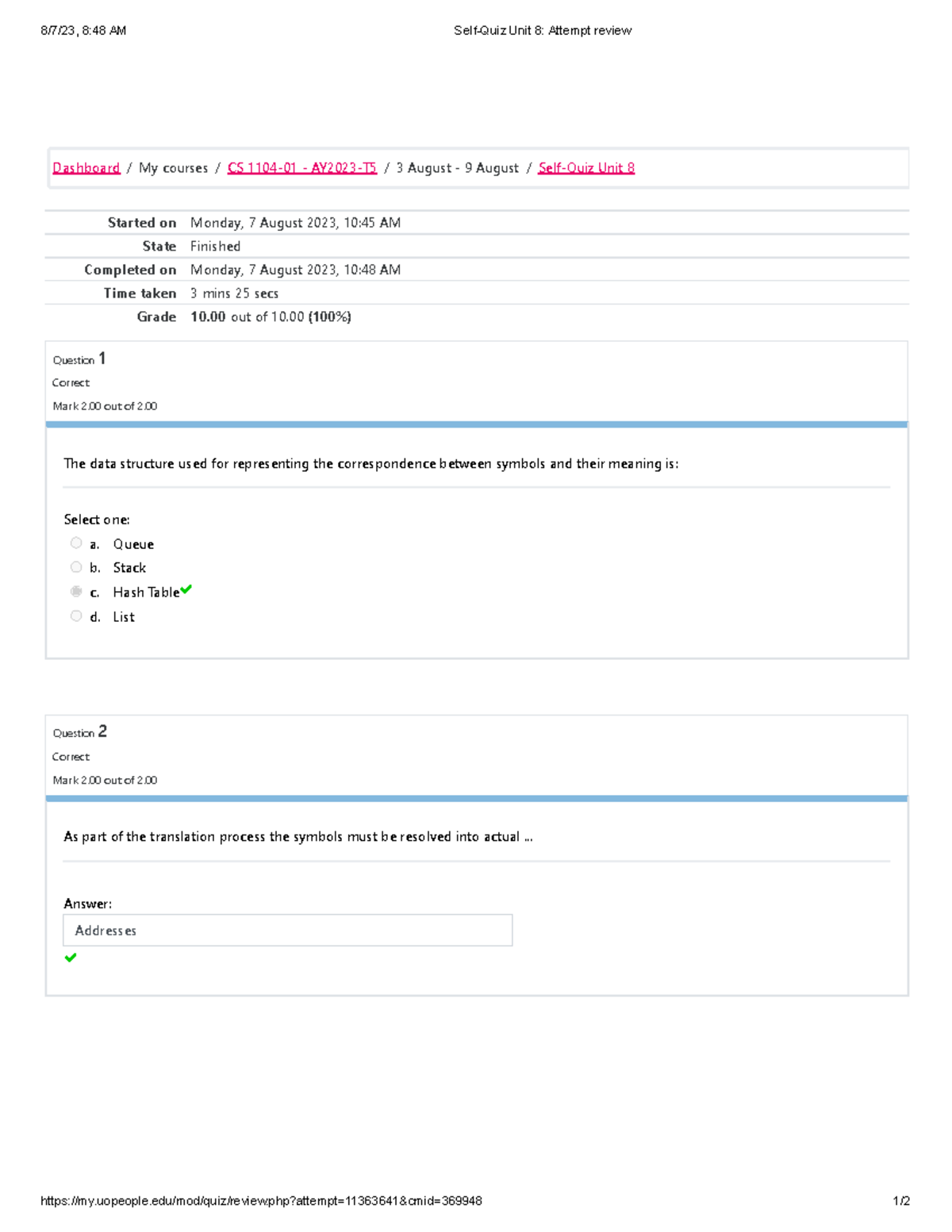 Self-Quiz Unit 8 Attempt Review - 8/7/23, 8:48 AM Self-Quiz Unit 8 ...