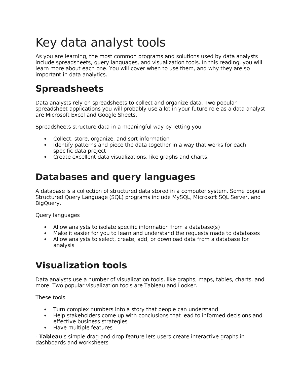 Key Data Analyst Tools - In This Reading, You Will Learn More About ...