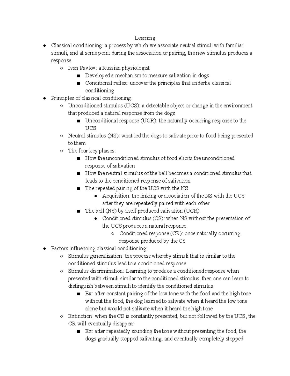 Chapter 6 notes - Learning Classical conditioning: a process by which ...