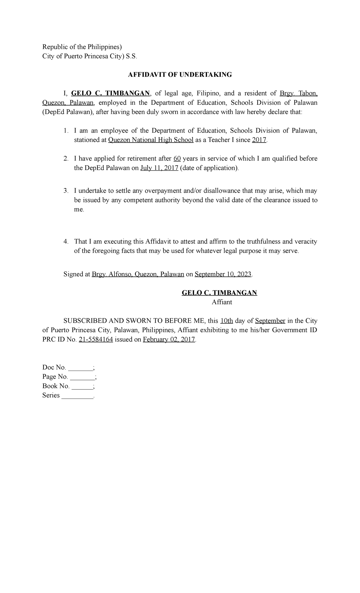 Affidavit of undertaking Deped - Republic of the Philippines) City of ...