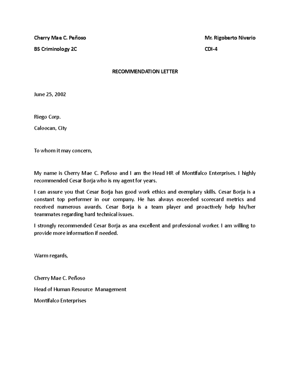 Penoso CDI4- Recommendation Letter - Cherry Mae C. Peñoso Mr. Rigoberto ...