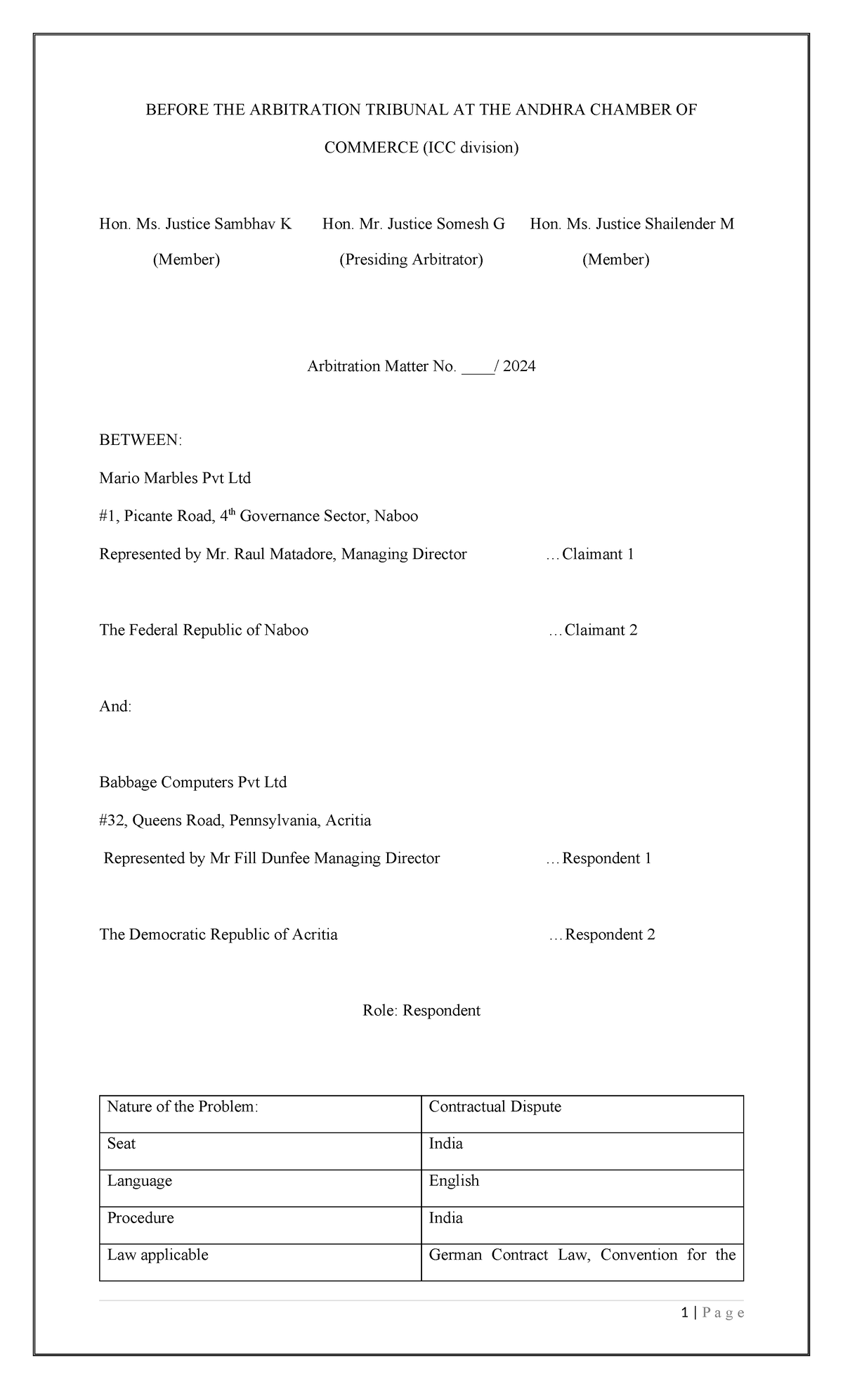 Model -Statement of defence - BEFORE THE ARBITRATION TRIBUNAL AT THE ...