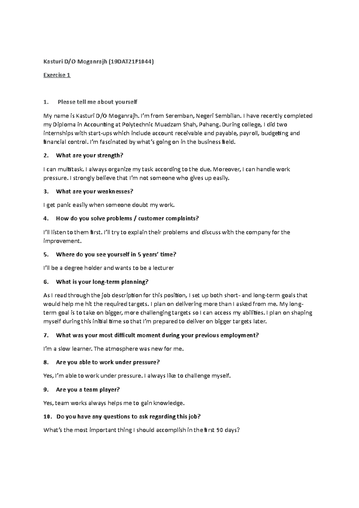 Excercise 1- Answer for interview questions - Kasturi D/O Moganrajh ...