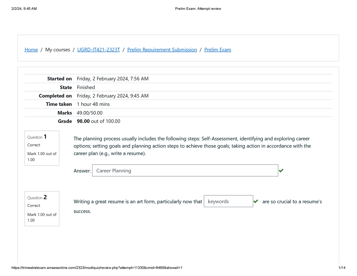 Prelim Exam Attempt Review - Home / My Courses / UGRD-IT421-2323T ...