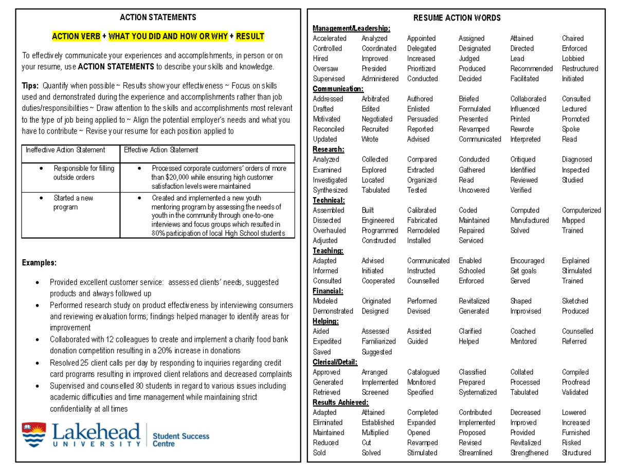 Resume Workshop Handout 2016 - RESUME ACTION WORDS Management ...