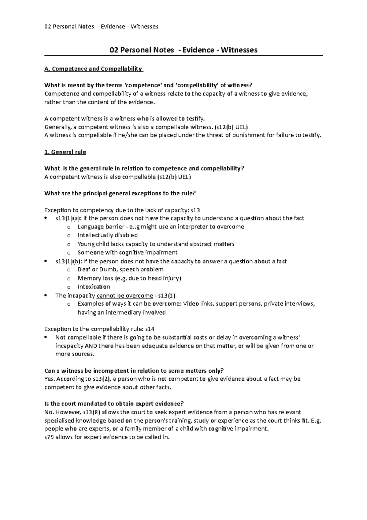 Witnesses - Full answers to questions - 02 Personal Notes - Evidence ...