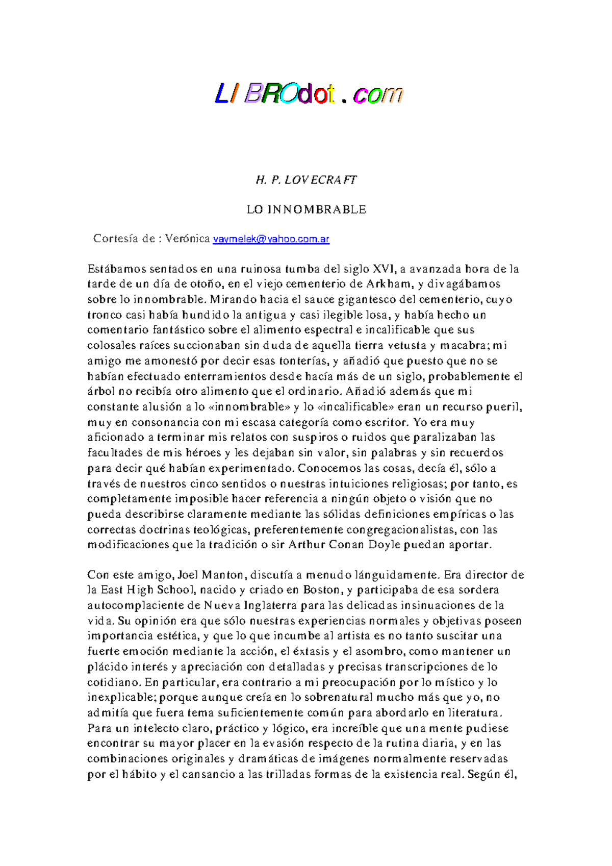 H. P. Lovecraft - Lo innombrable - LLLIII BBBRRROOOdddooottt .. cooommm ...
