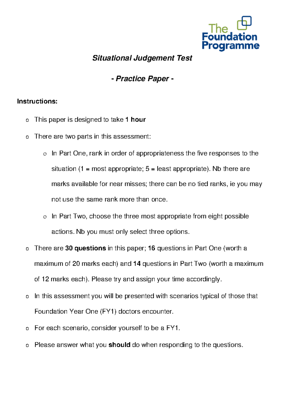 FY1 SJT papers - Situational Judgement Test Practice Paper ...