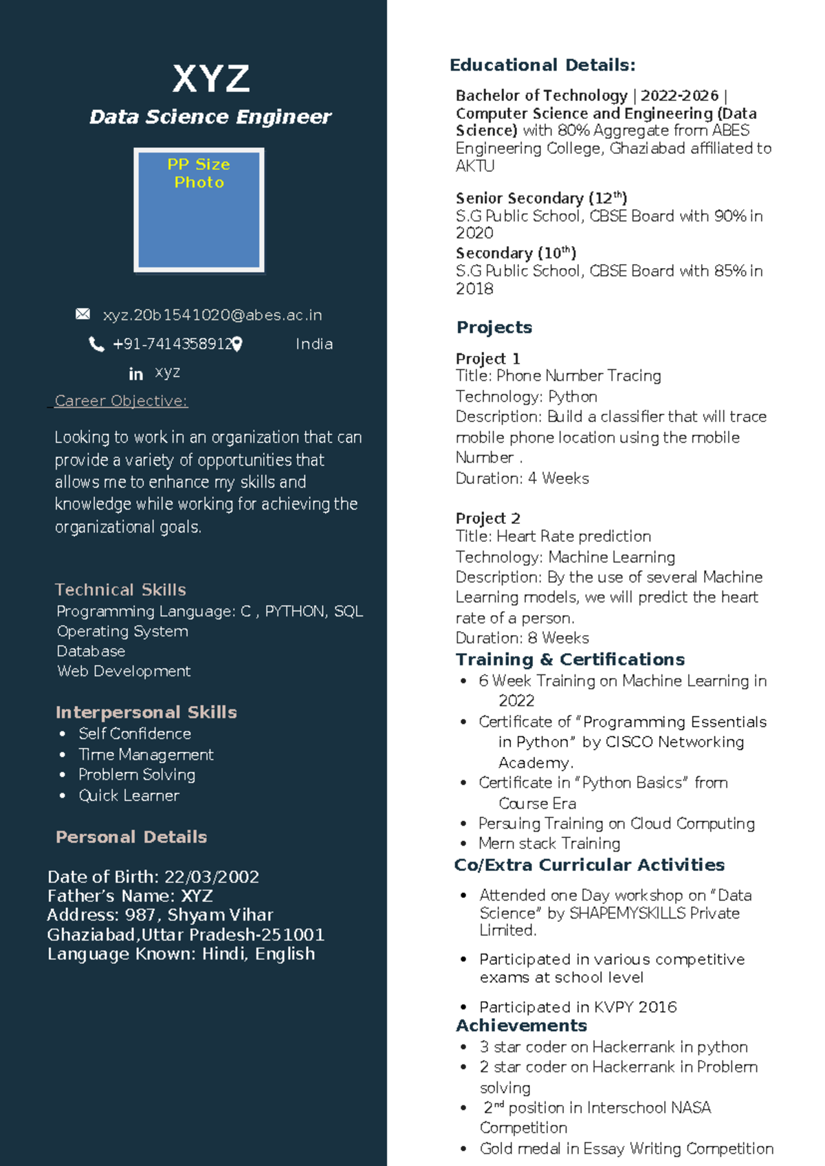 Sample Resume XYZ Data Science - Thumb 1200 1696