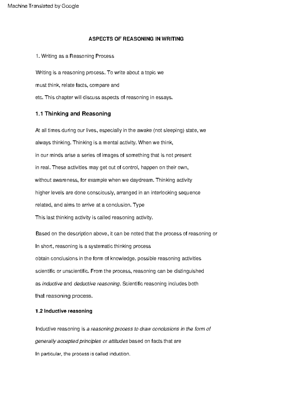 Aspects OF Reasoning IN Writing - Writing is a reasoning process. To ...