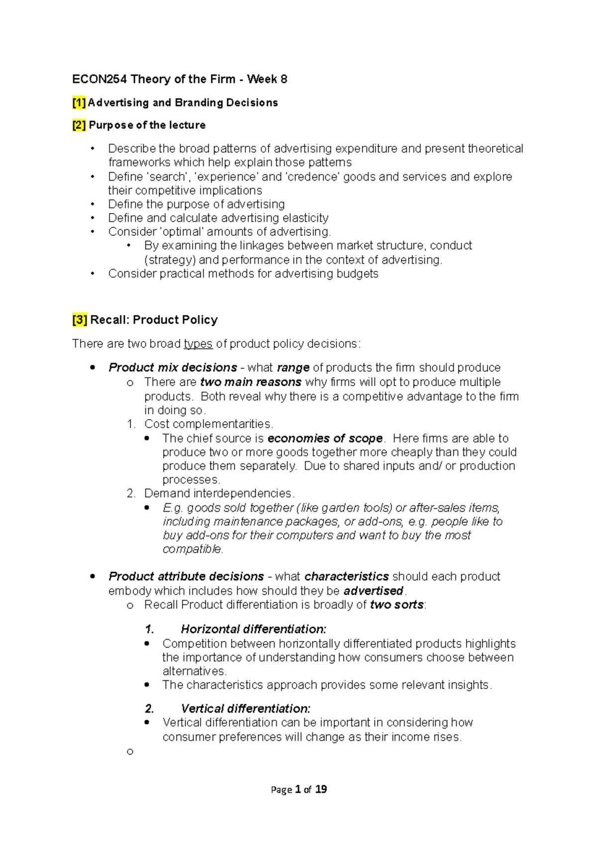 ECON254 Lecture 8 Advertising Notes - ECON254 Theory Of The Firm - Week ...