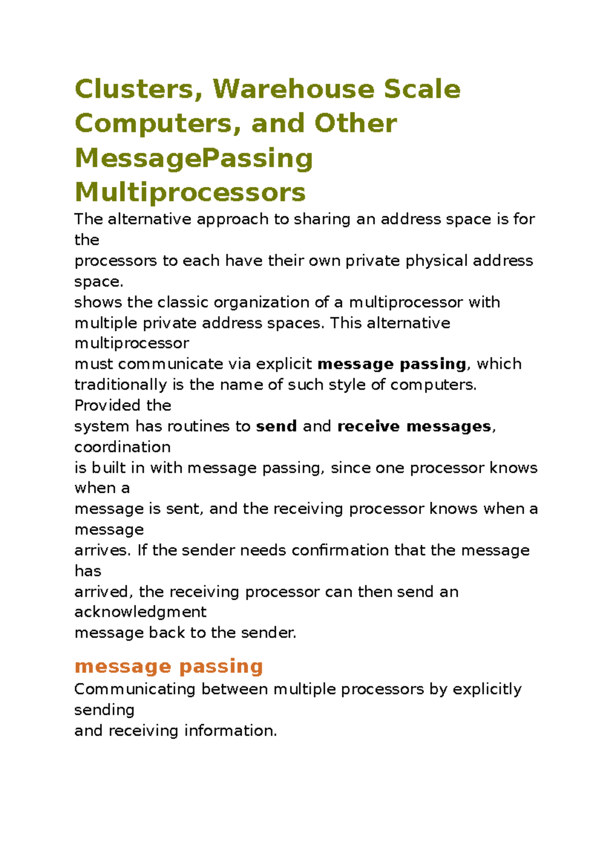 Other Message Passing Multiprocessors Clusters, Warehouse Scale