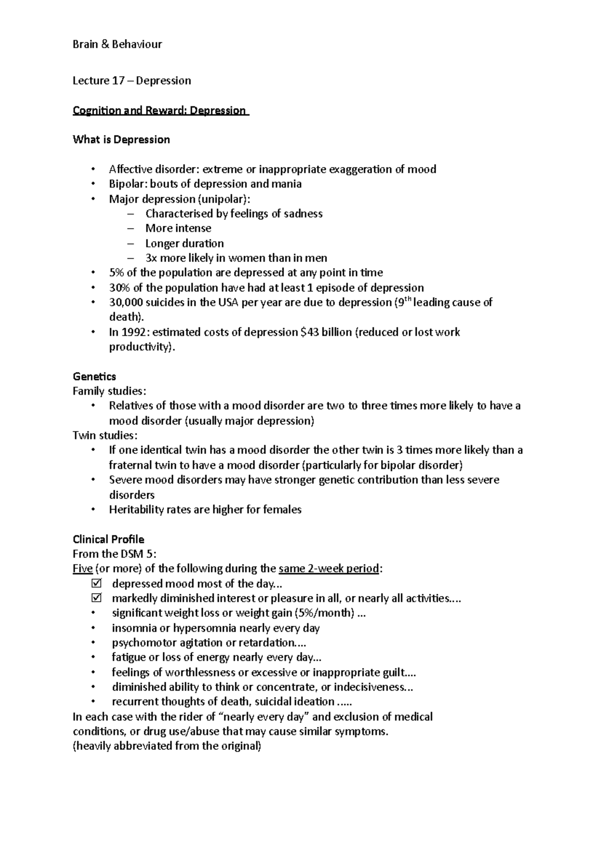 Lecture 17 – Depression - Lecture 17 – Depression Cognition and Reward ...