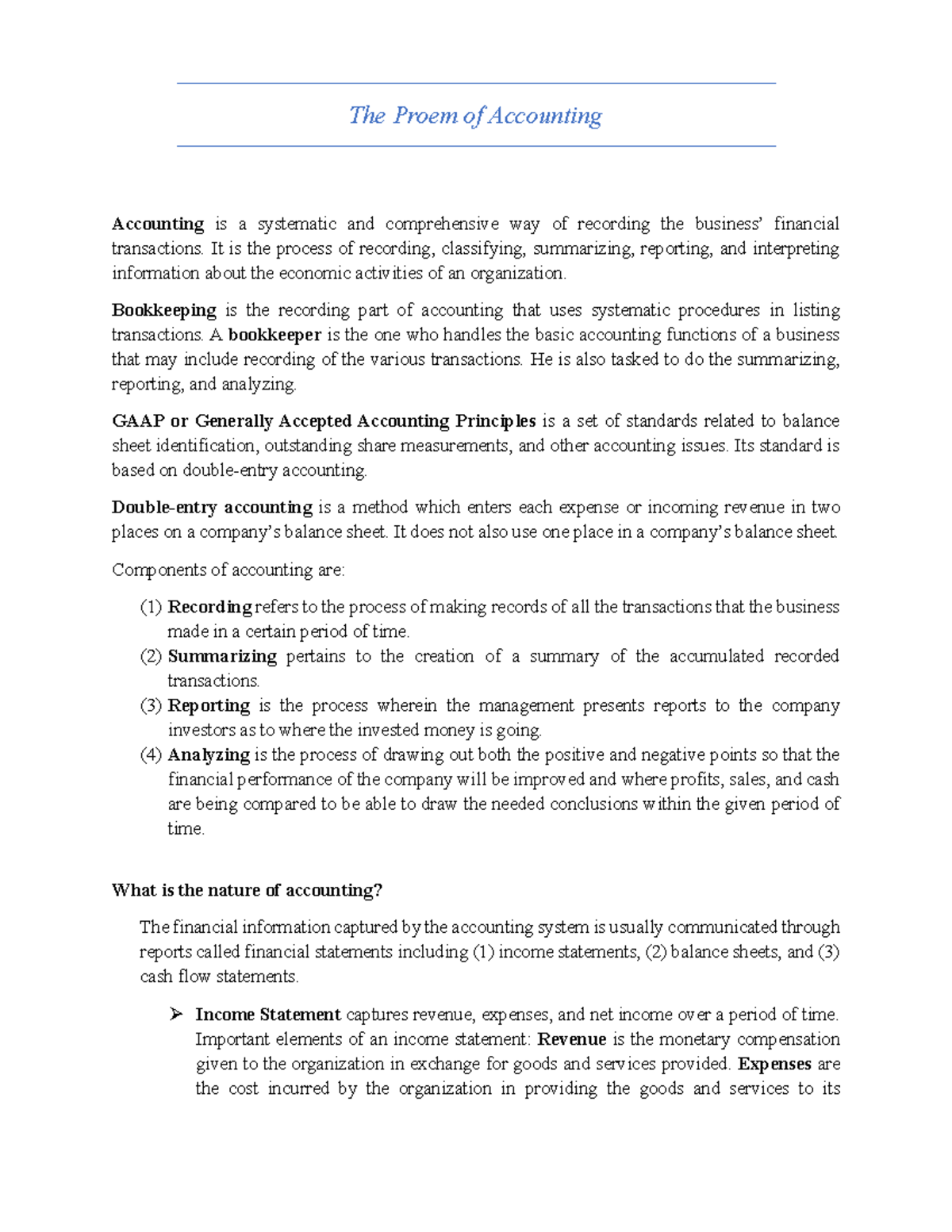 Proem of Accounting - Accounting is a systematic and comprehensive way ...
