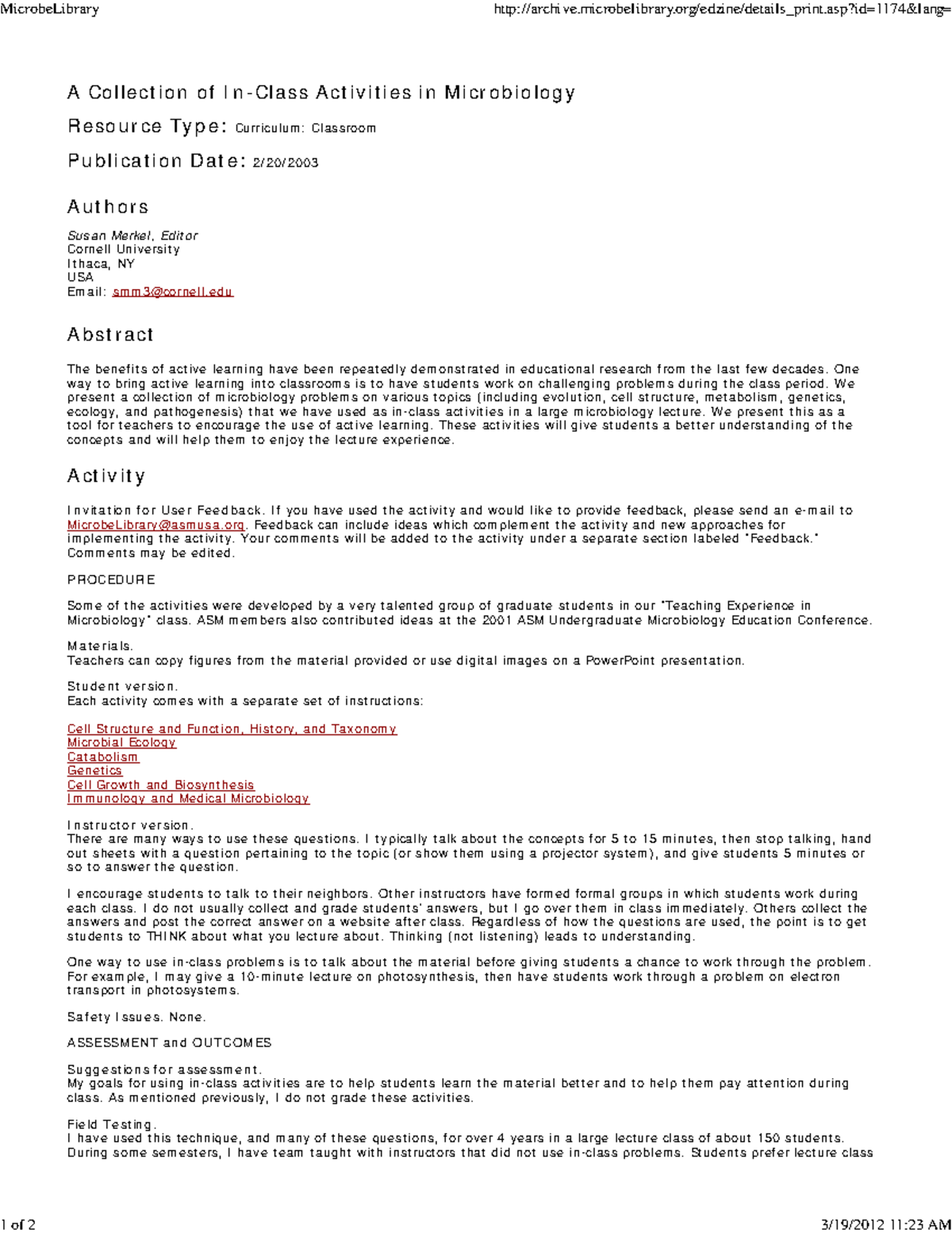 A Collection of In Class Activities - One way to bring active learning ...