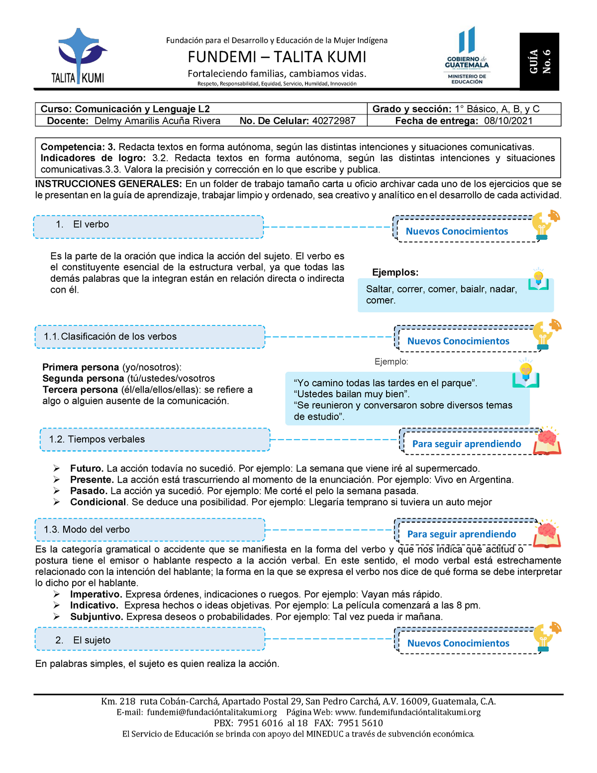 GuÍa 6 Comunicación Y Lenguaje 1ro Básico Fundación Para El Desarrollo Y Educación De La 6268