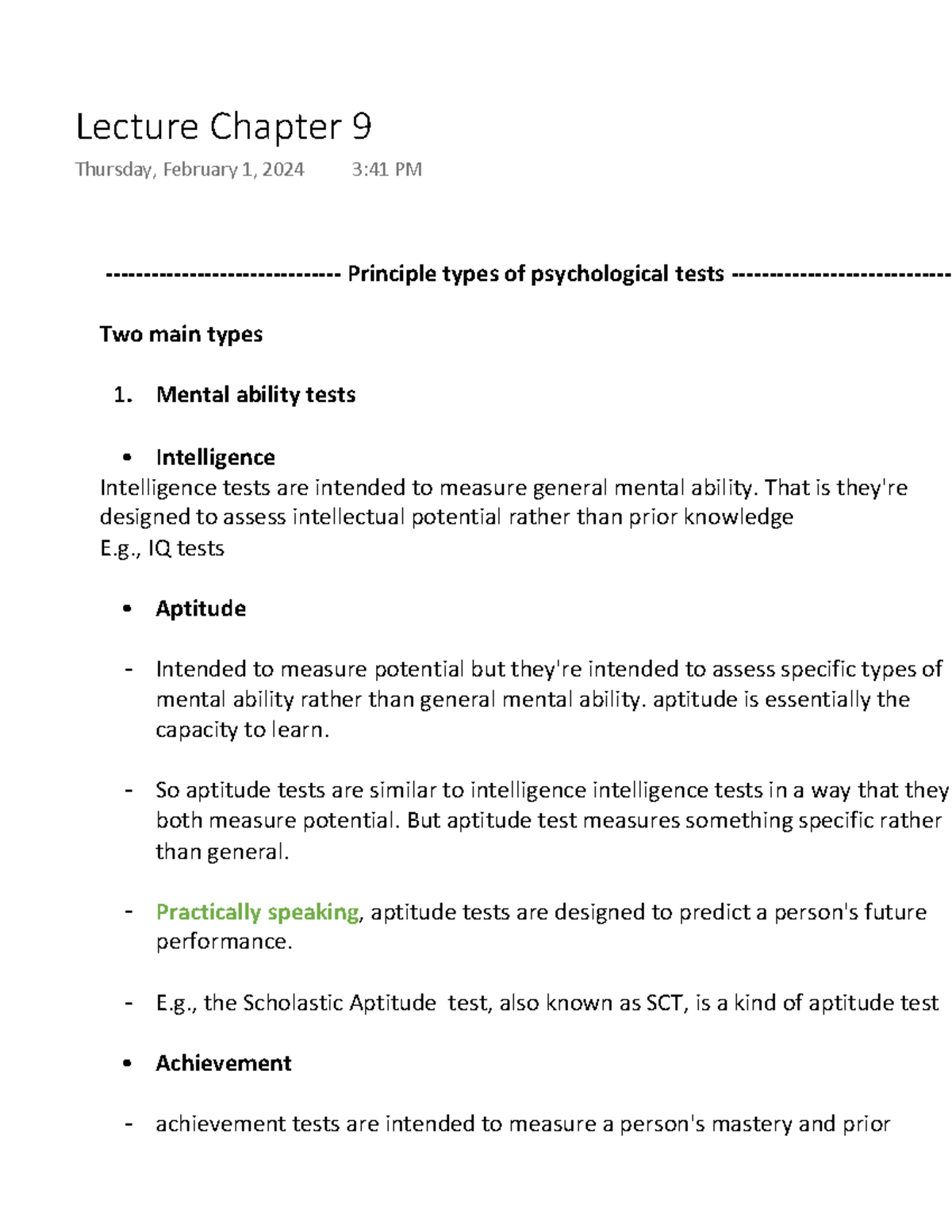 Chapter 9 Intelligence and Psychological Testing - Principle types of ...