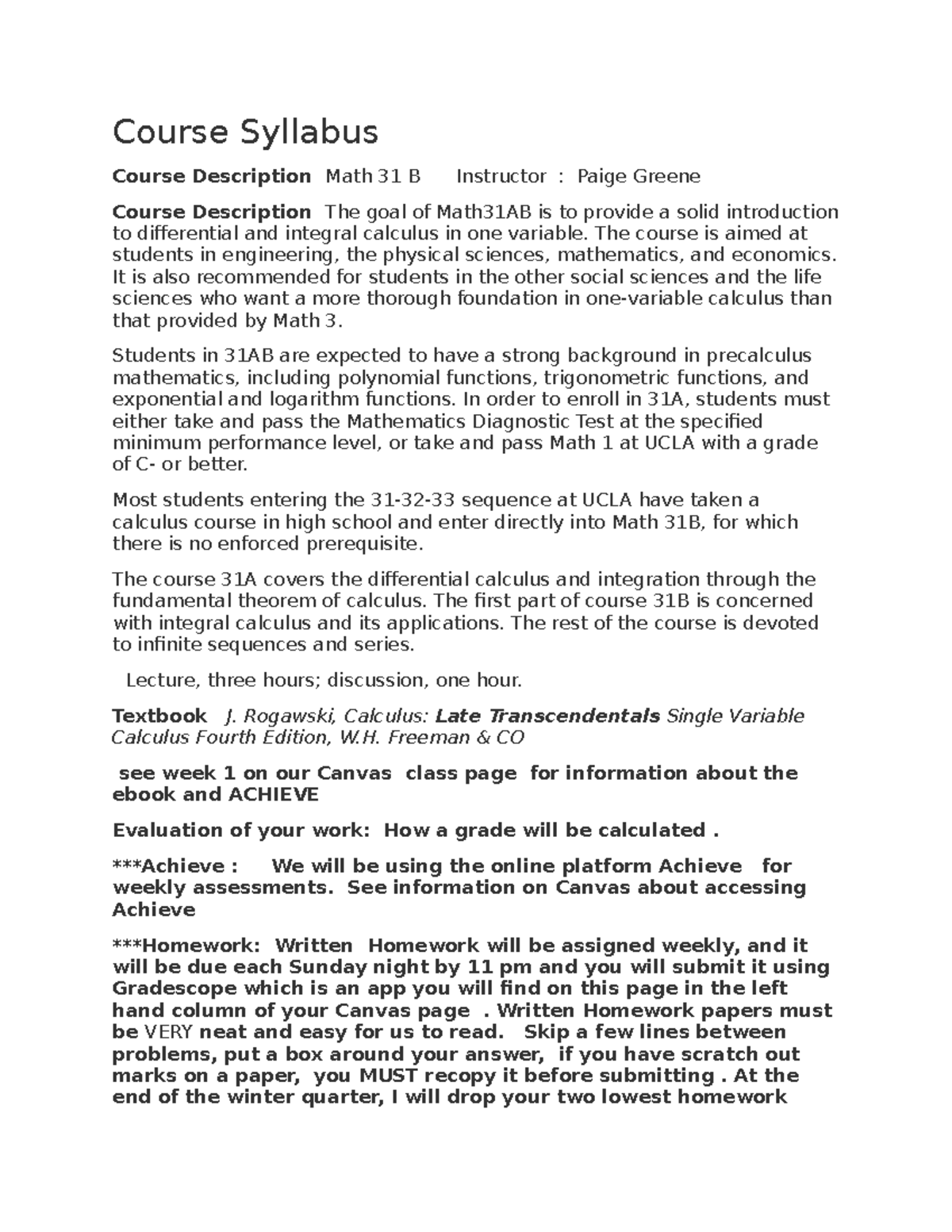 Math 31B gooooood Course Syllabus Course Description Math 31 B