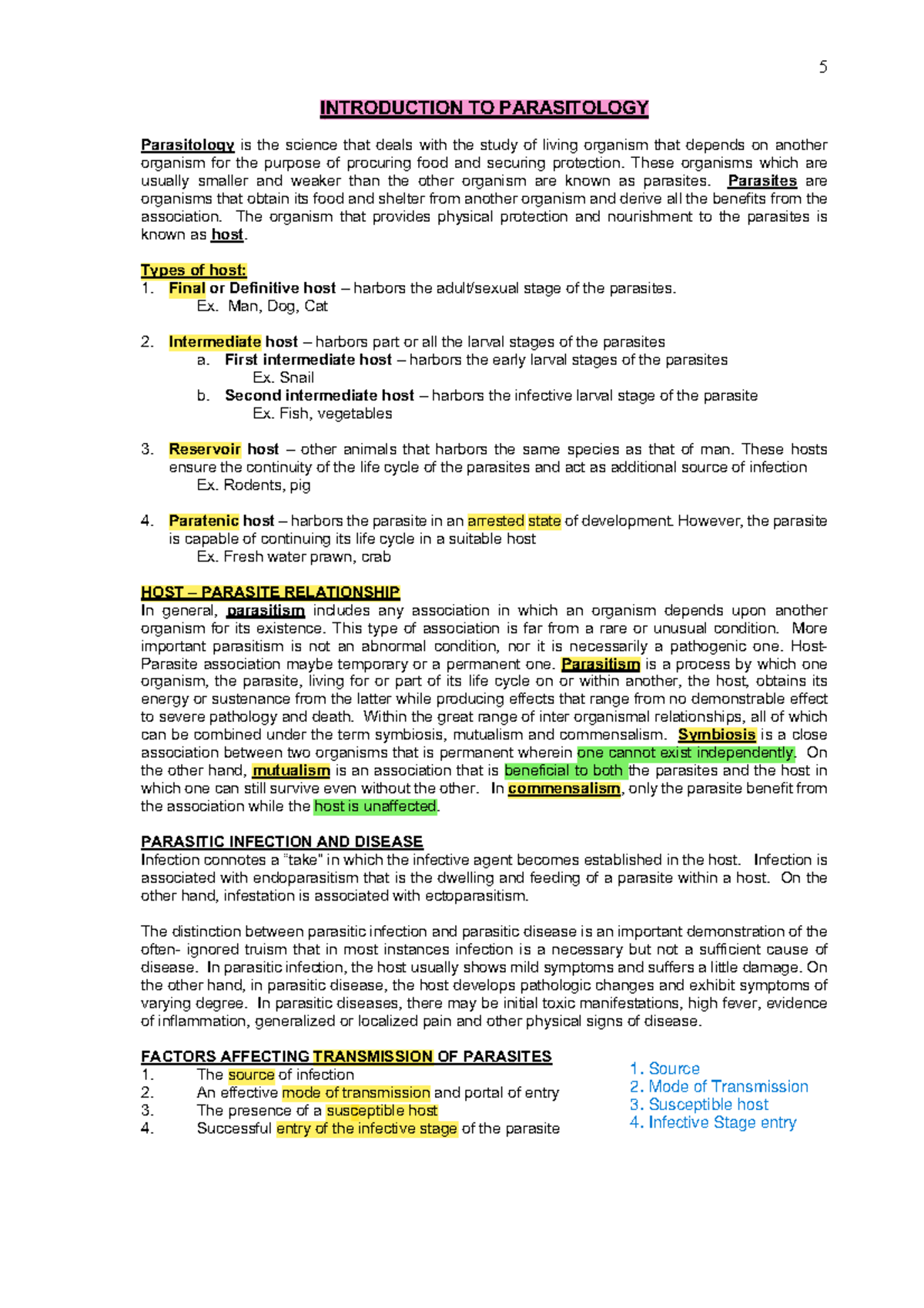 1. Introduction to Parasitology - INTRODUCTION TO PARASITOLOGY ...