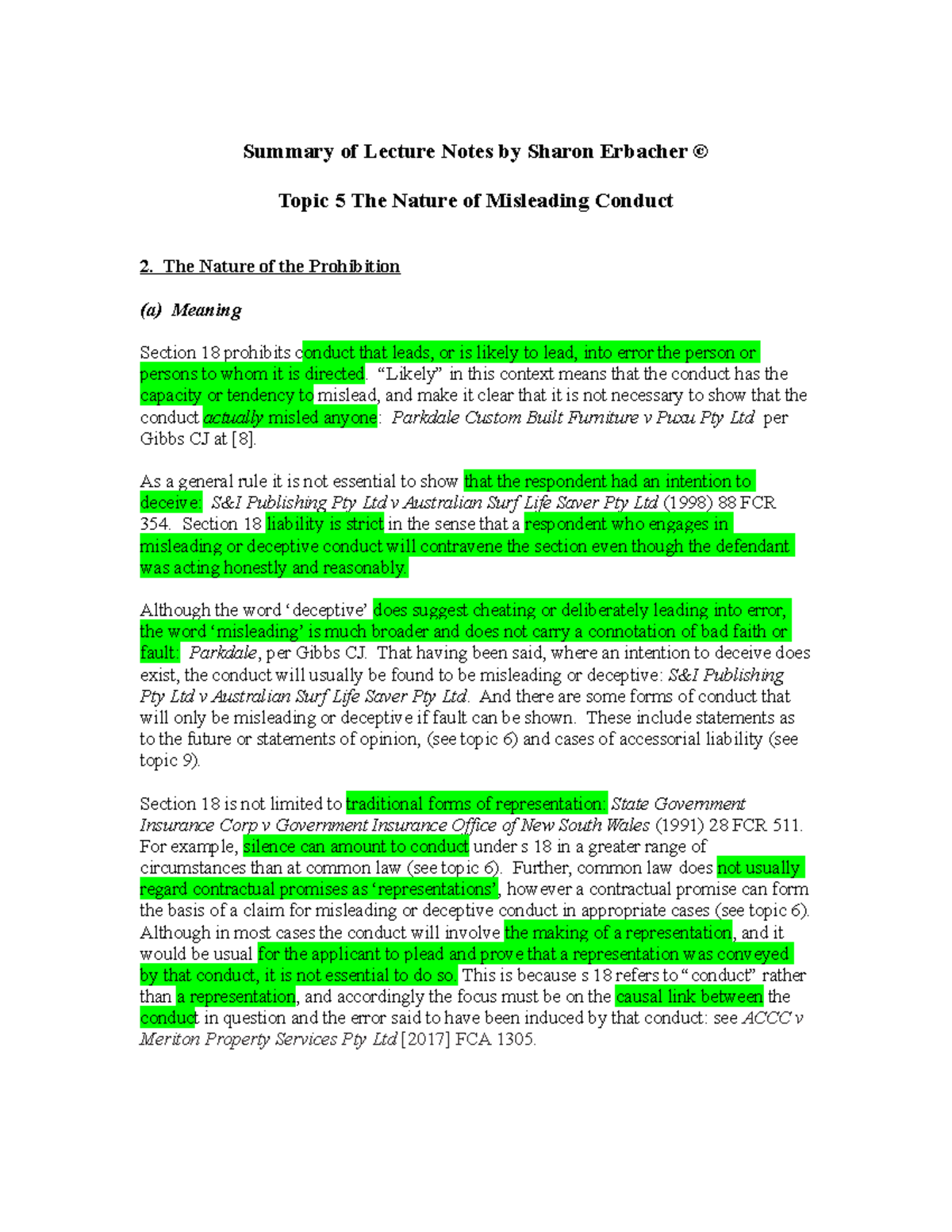 T2 2018 Mll217 Sumary Lecture Notes Topic 5 Misleading Conduct And Studocu