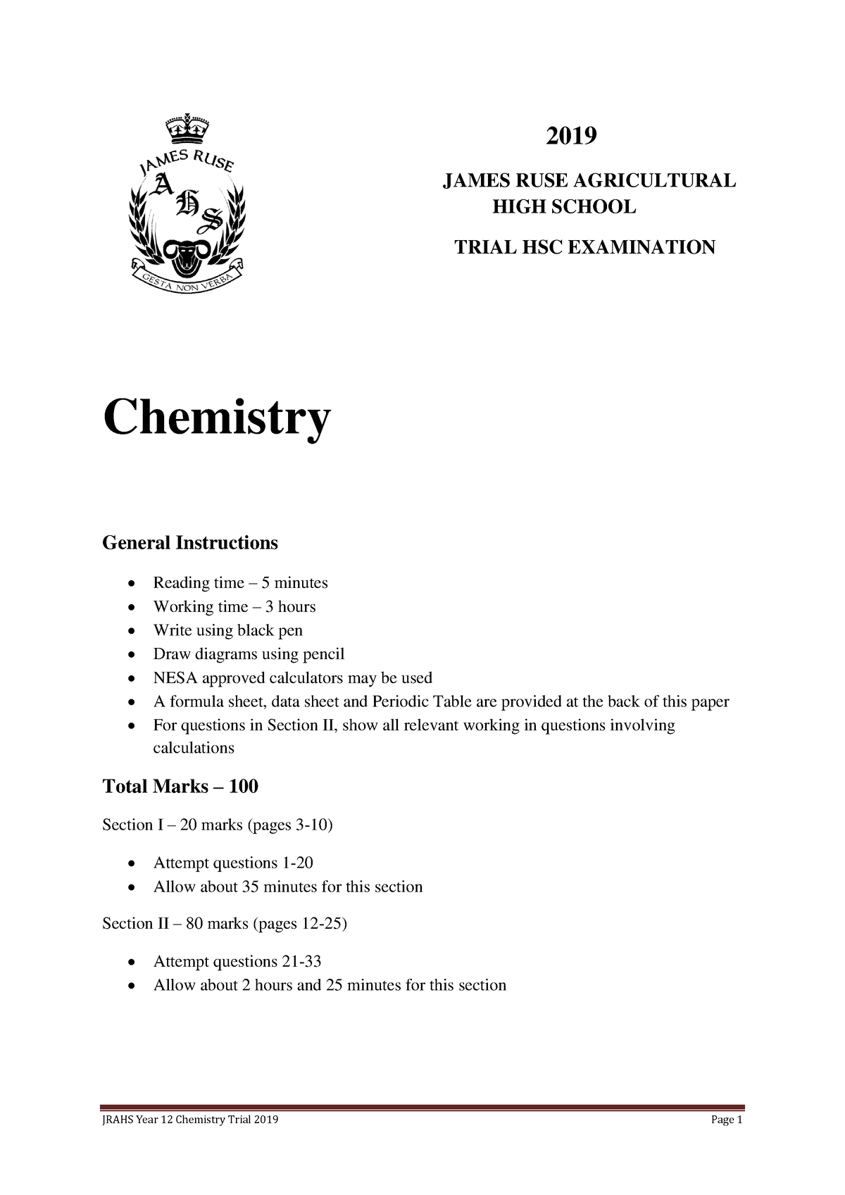 2019 Chemistry - James Ruse Trial w. Solutions - Chemistry General ...