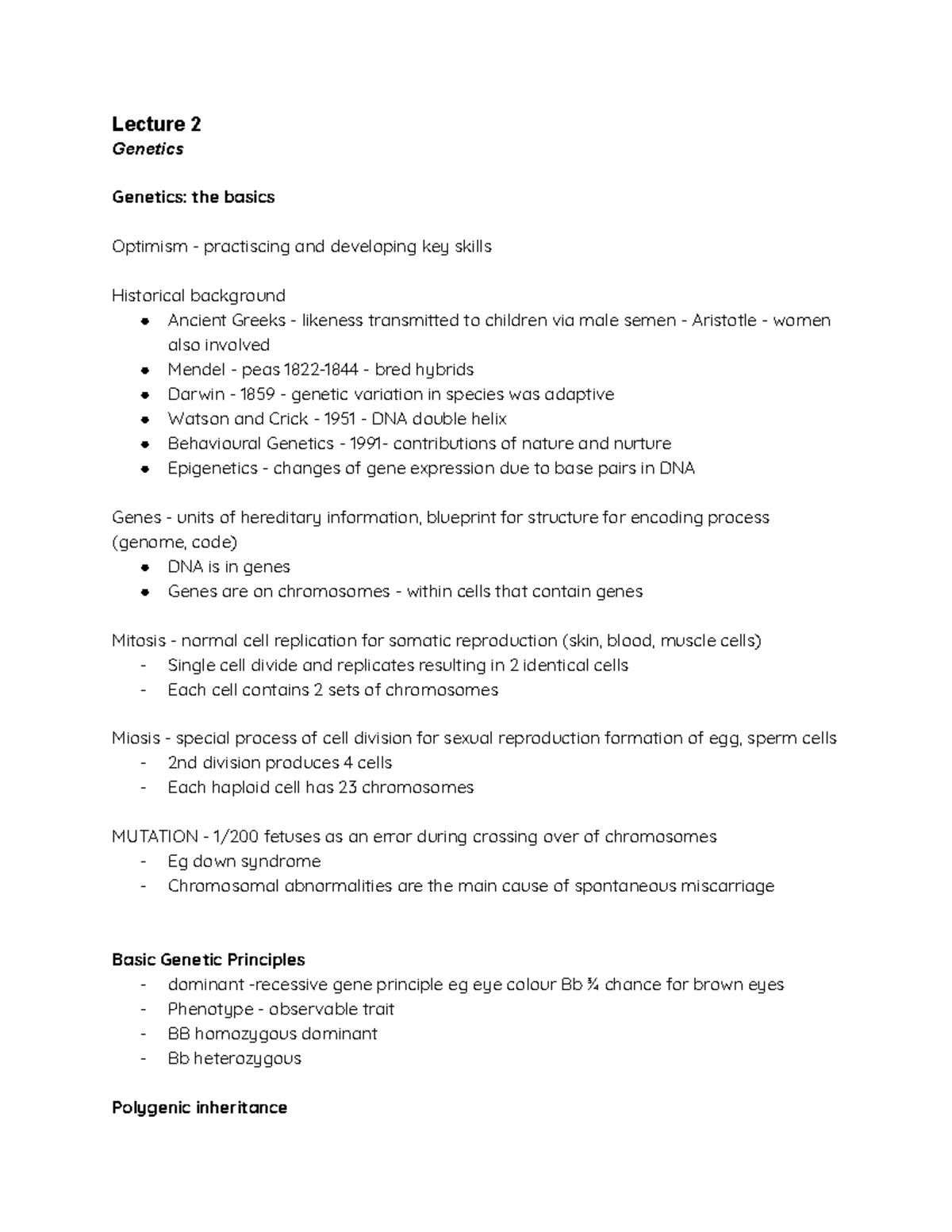 PSYU2235 LECTURE NOTES - Lecture 2 Genetics Genetics: the basics ...