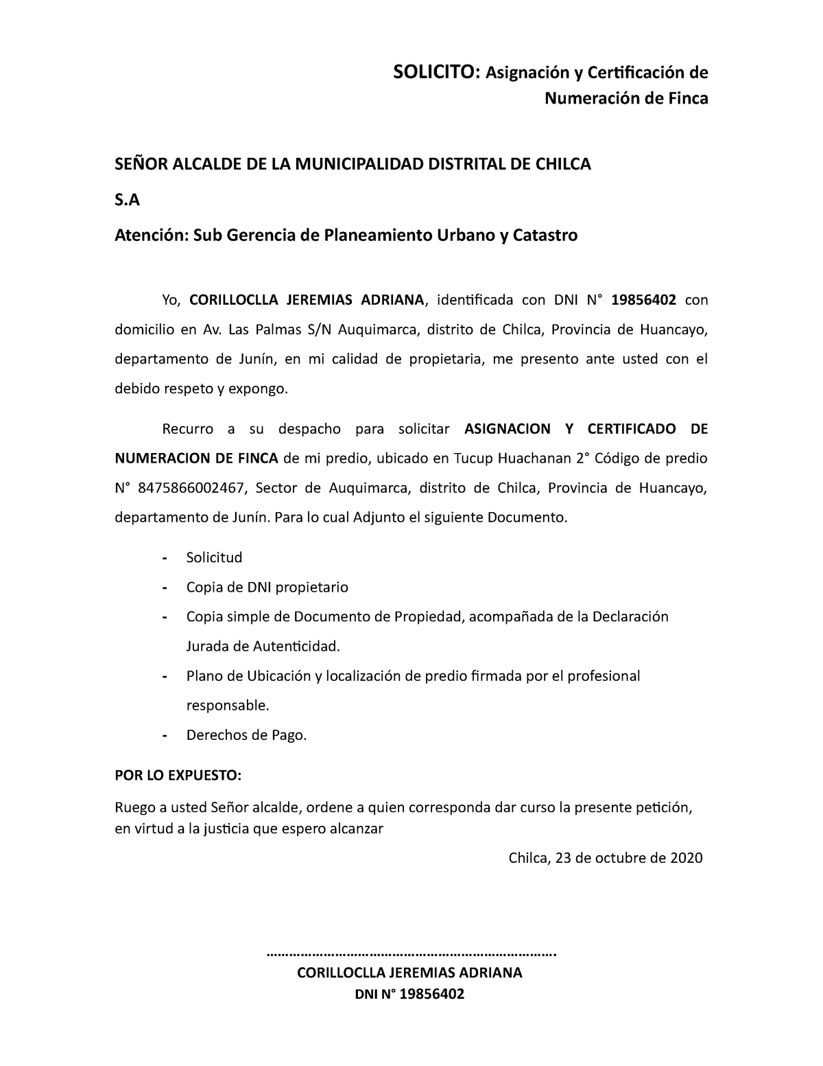 Solitud Certificado De Numeracion De Finca Solicito Asignación Y