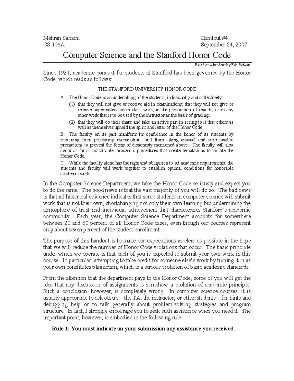 04-honor-code - Honor Code - Mehran Sahami CS 106A Handout September 24 ...