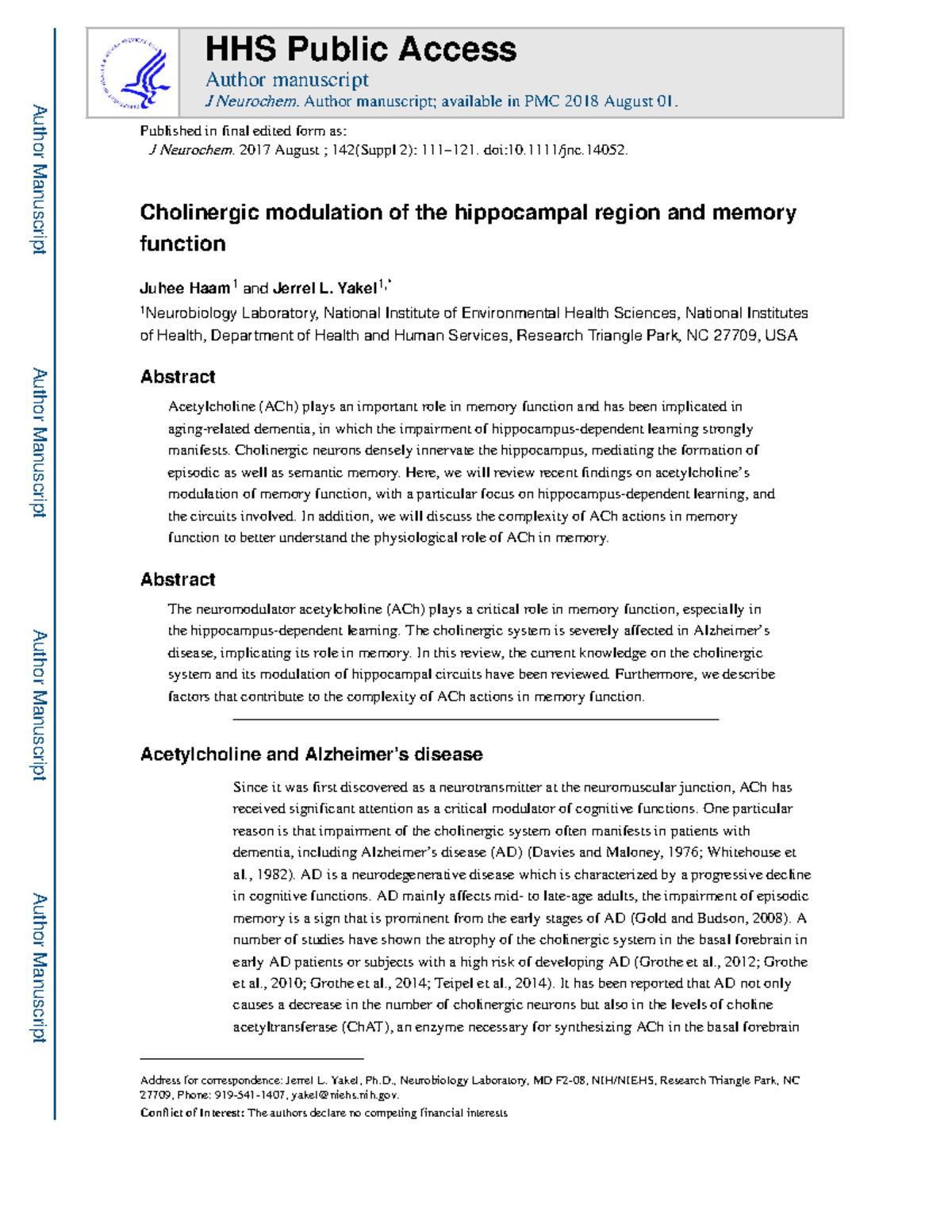 Cholinergic modulation of the hippocampal region and memory function ...