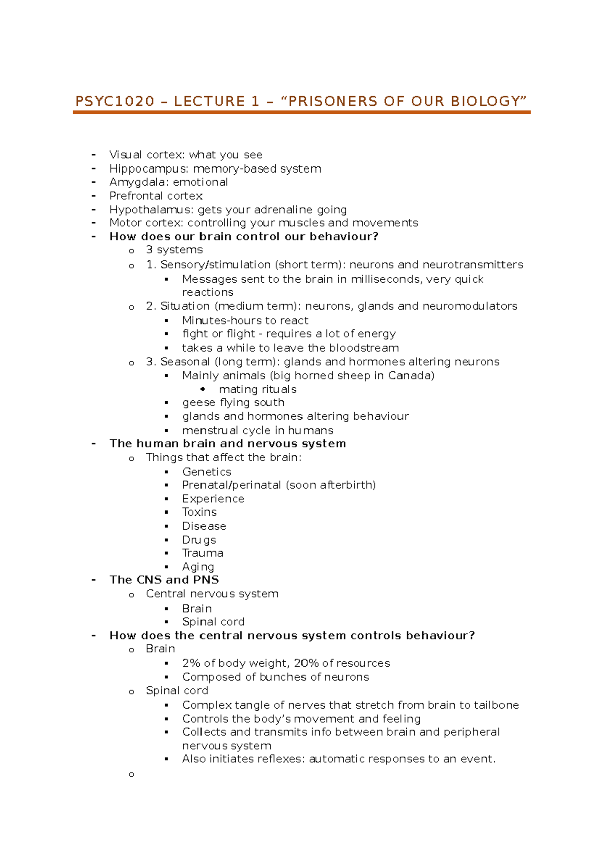 PSYCHOLOGY INTRO 2 - Week 1 Lecture Notes - PSYC1020 – LECTURE 1 ...