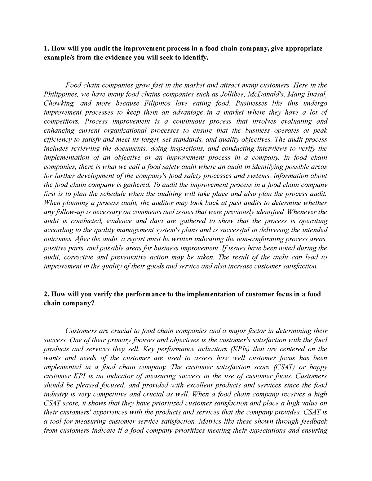 Operation Management - Food Chain Industry - How will you audit the ...