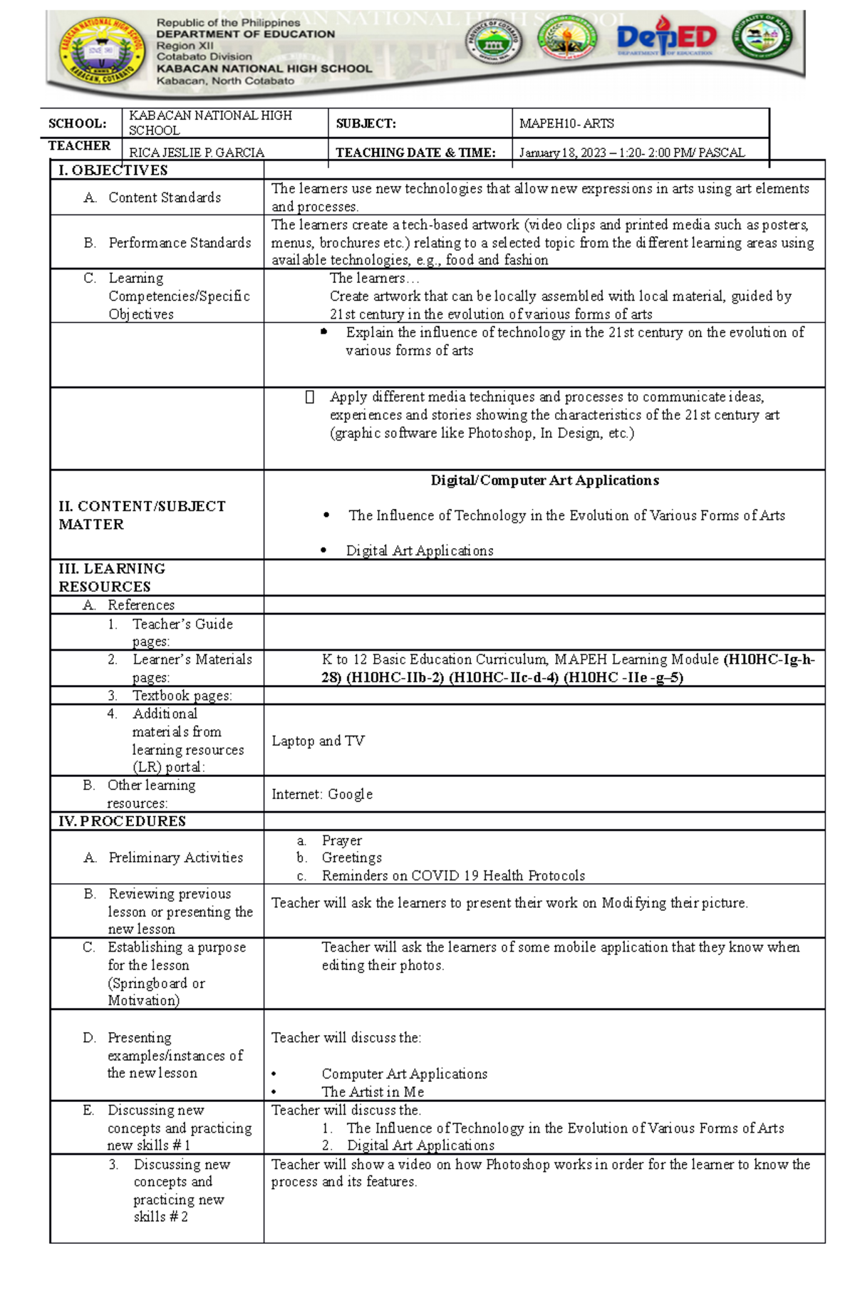 Arts -jan. 18-ctp - LESSON PLAN - I. OBJECTIVES A. Content Standards ...