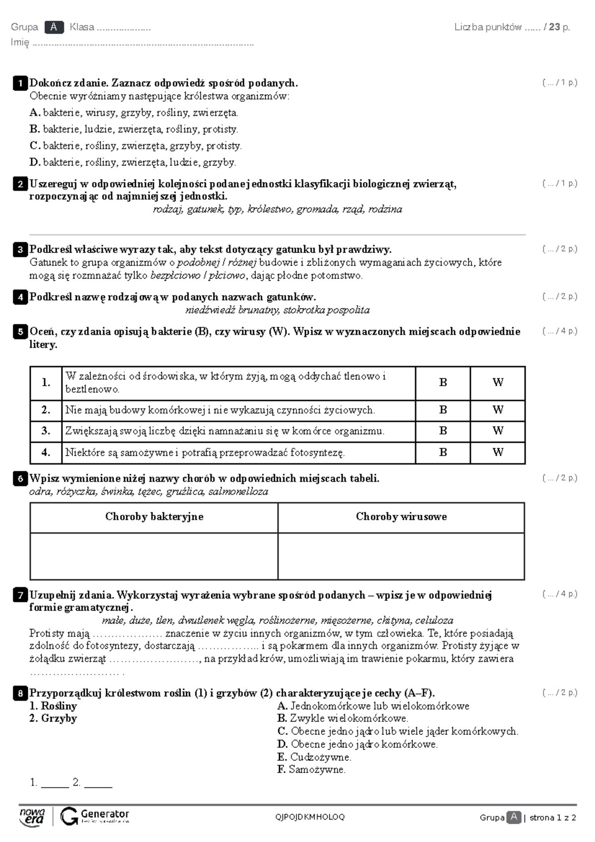 Test III. Wirusy, bakterie, protisty i grzyby Test (z widoczna