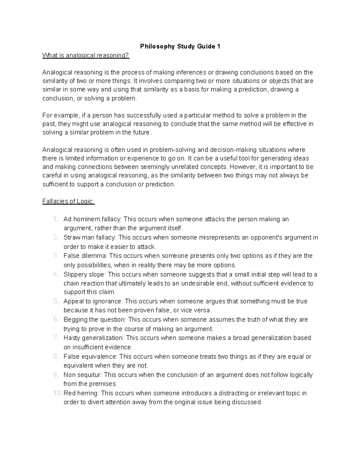PHI 1600 Study Guide pt 1 - Philosophy Study Guide 1 What is analogical ...
