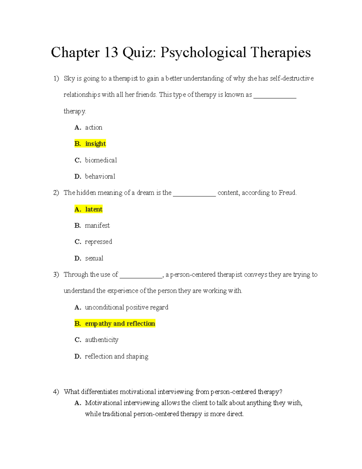 Chapter 13 Quiz Psychological Therapies - Chapter 13 Quiz ...