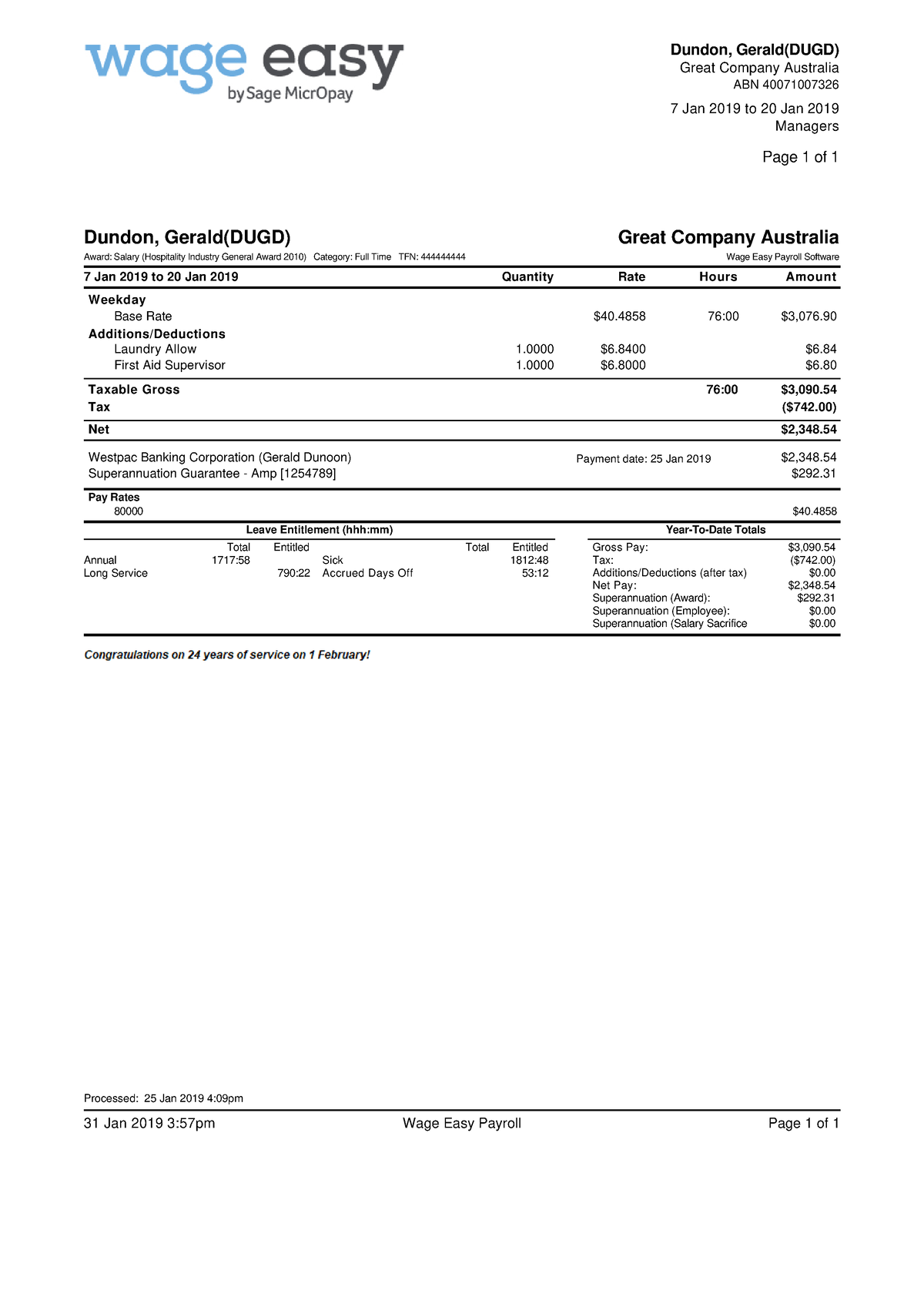 Sage Wage Easy Sample Payslips - Great Company Australia 7 Jan 2019 to ...