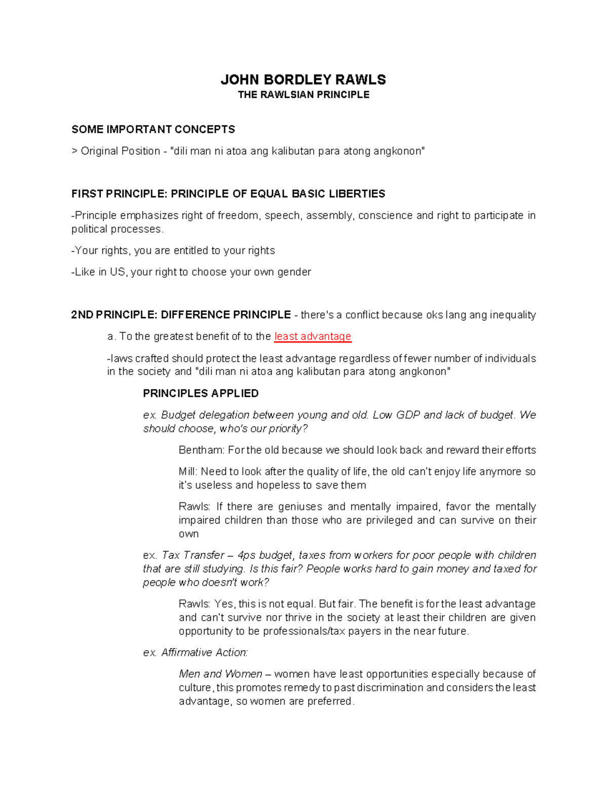 Rawlsian Notes - JOHN BORDLEY RAWLS THE RAWLSIAN PRINCIPLE SOME ...