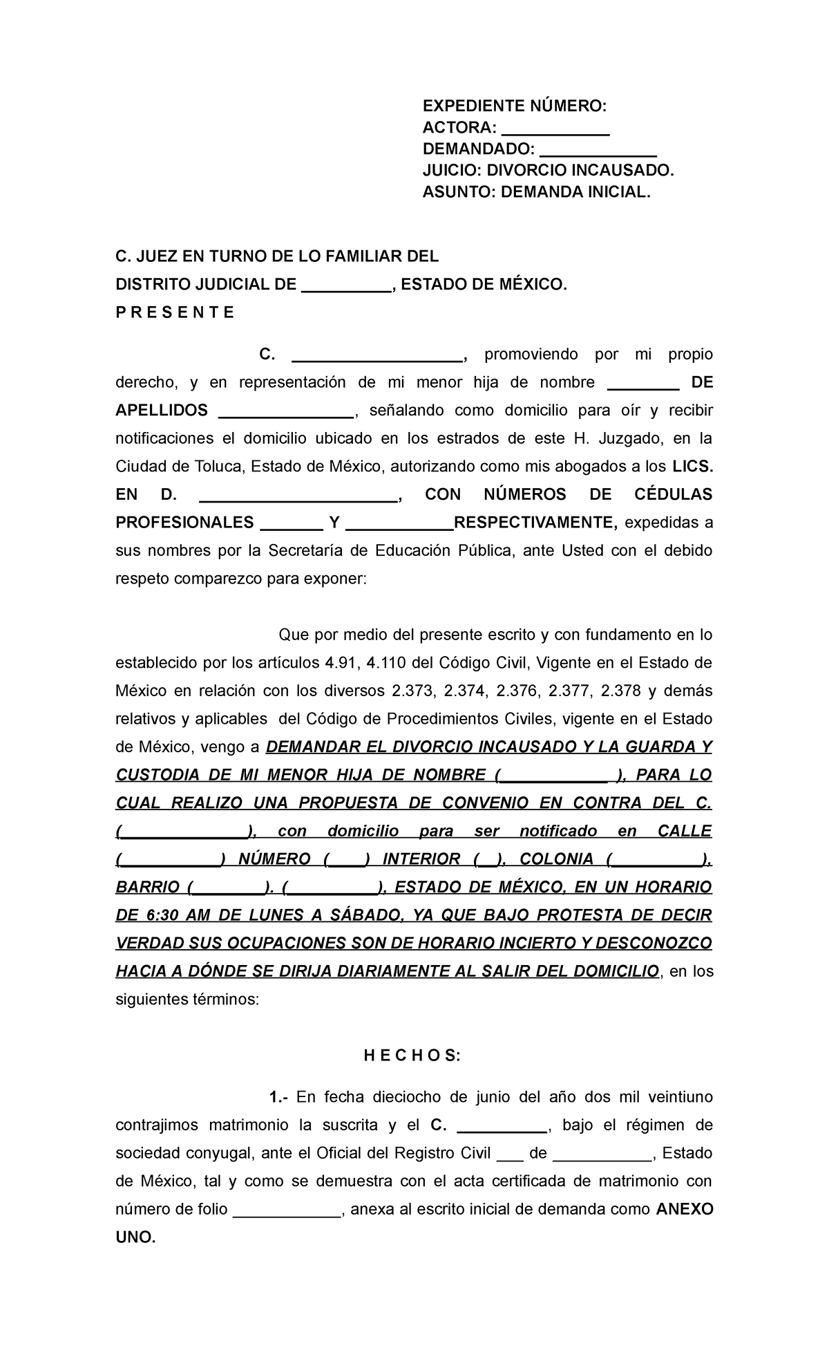 Formato divorcio incausado Estado de México - EXPEDIENTE NÚMERO: ACTORA ...