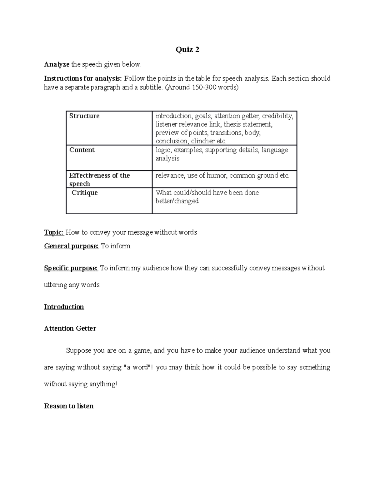 Quiz 2 - Course work - Quiz 2 Analyze the speech given below ...