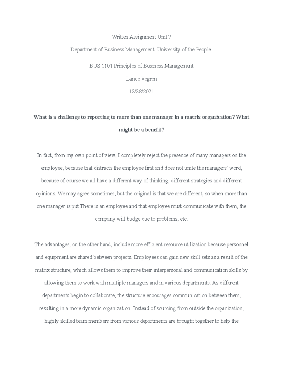 Written Assignment Unit 7 - University of the People. BUS 1101 ...