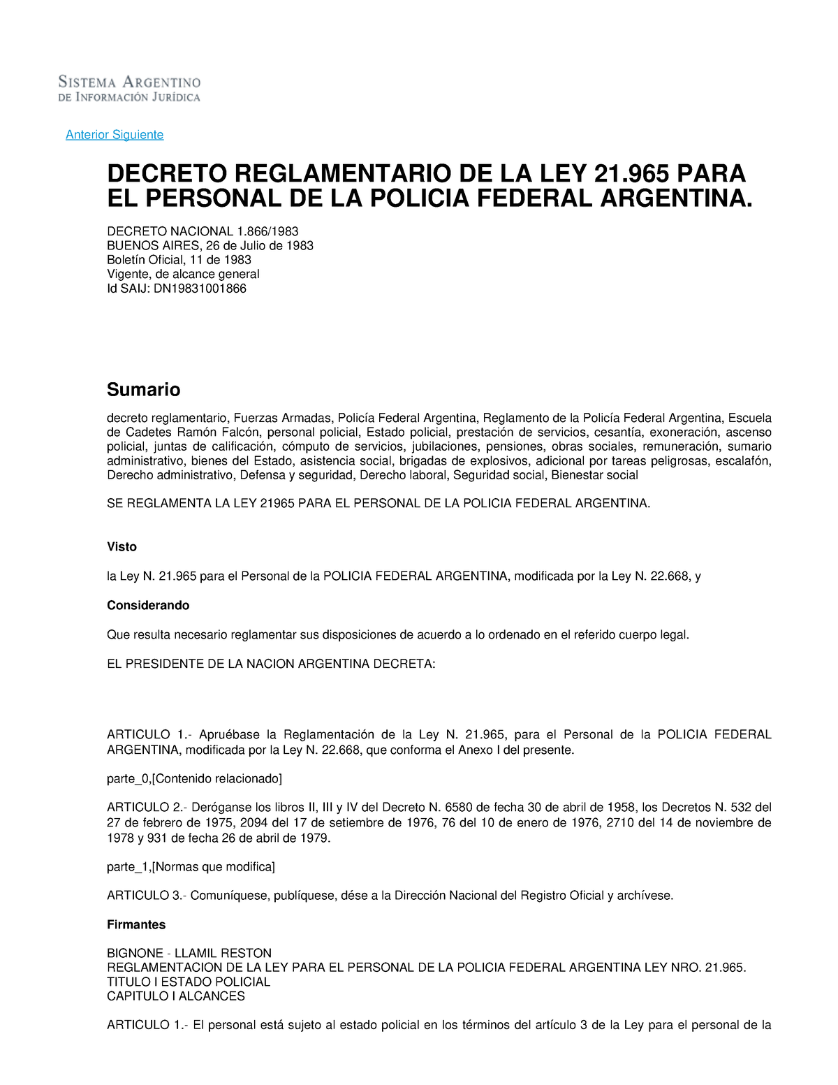 Decreto Reglamentario De La Ley Para El Personal De La Policia