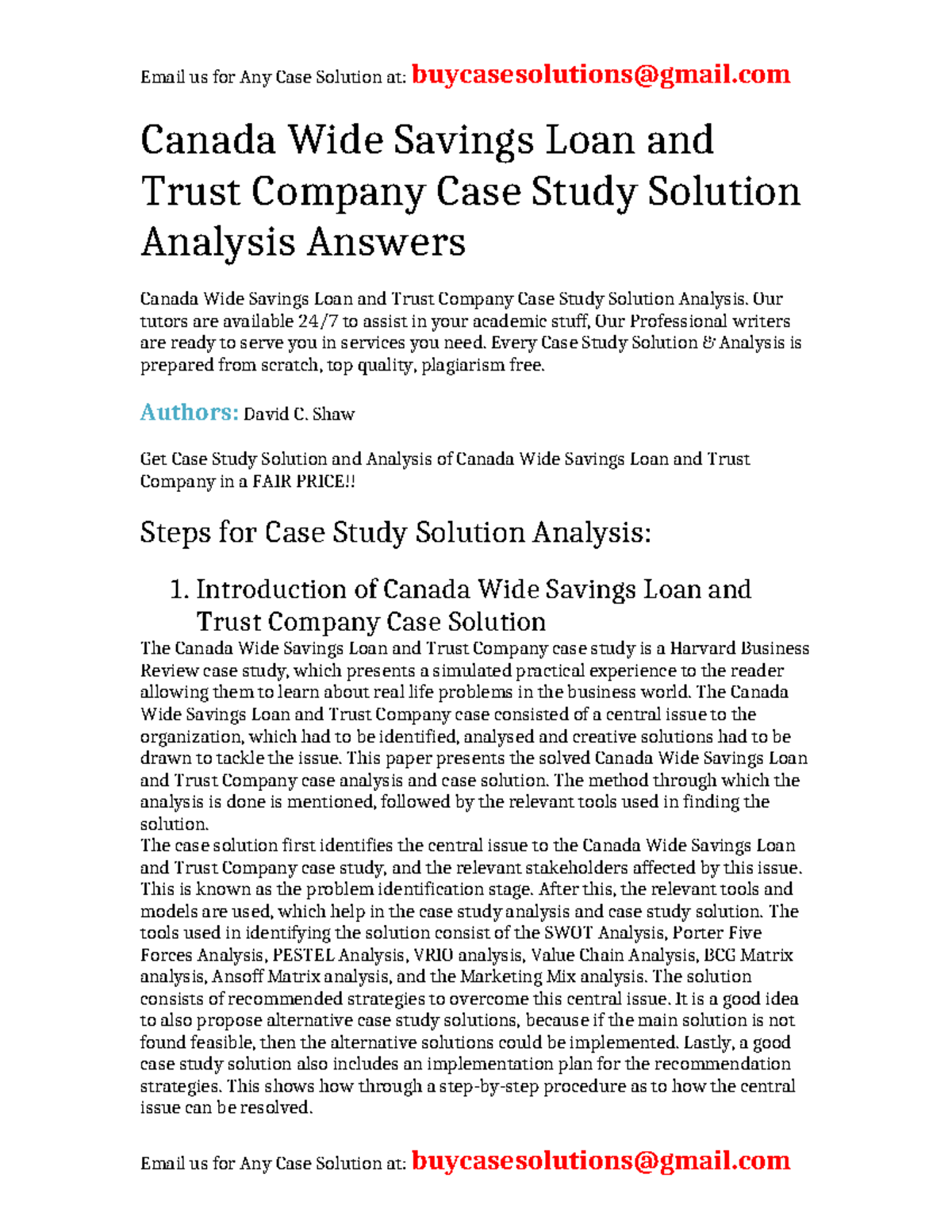 Solution Canada Wide Savings Loan and Trust Company Case Study Canada