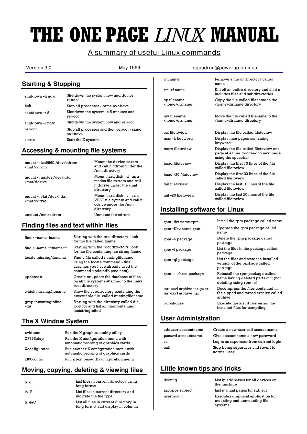 The One Page Linux Manual THE ONE PAGE LINUX MANUAL A Summar Y Of 