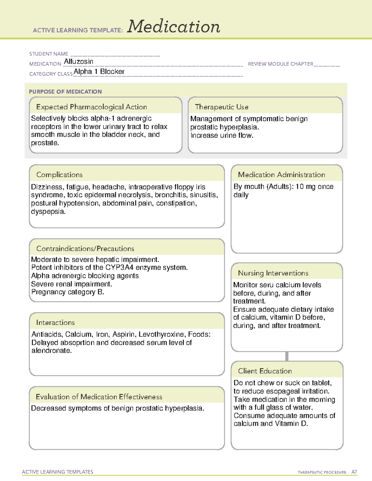 Alfuzosin Medication Template - ACTIVE LEARNING TEMPLATES TherapeuTic ...