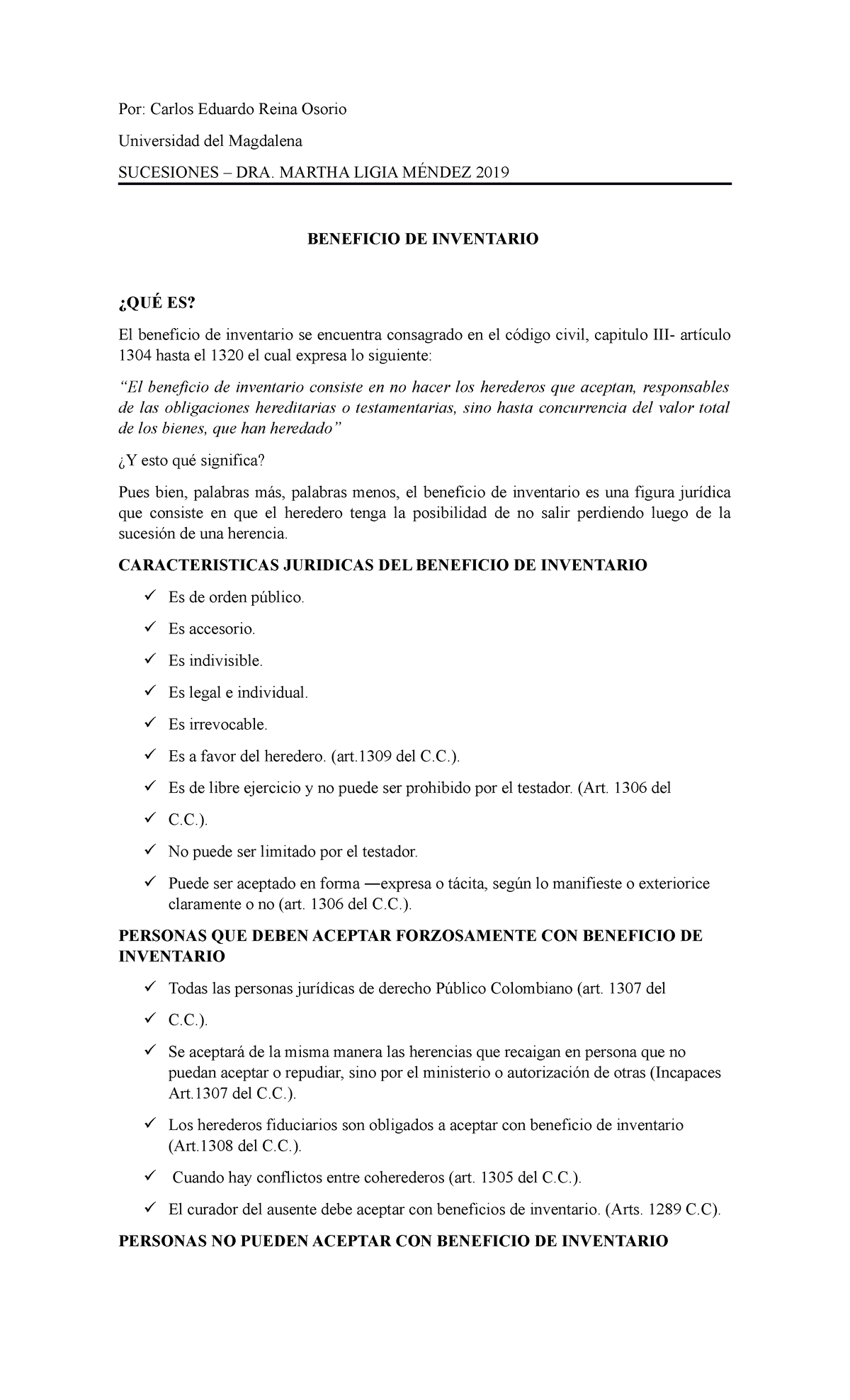 Herencia con beneficio de inventario - Por: Carlos Eduardo Reina Osorio  Universidad del Magdalena - Studocu