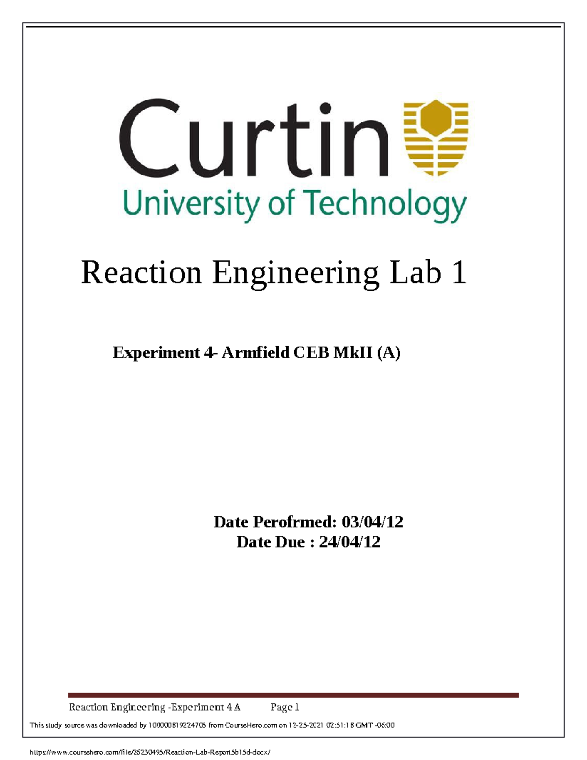 Report on saponification - Experiment 4- Armfield CEB MkII (A ...