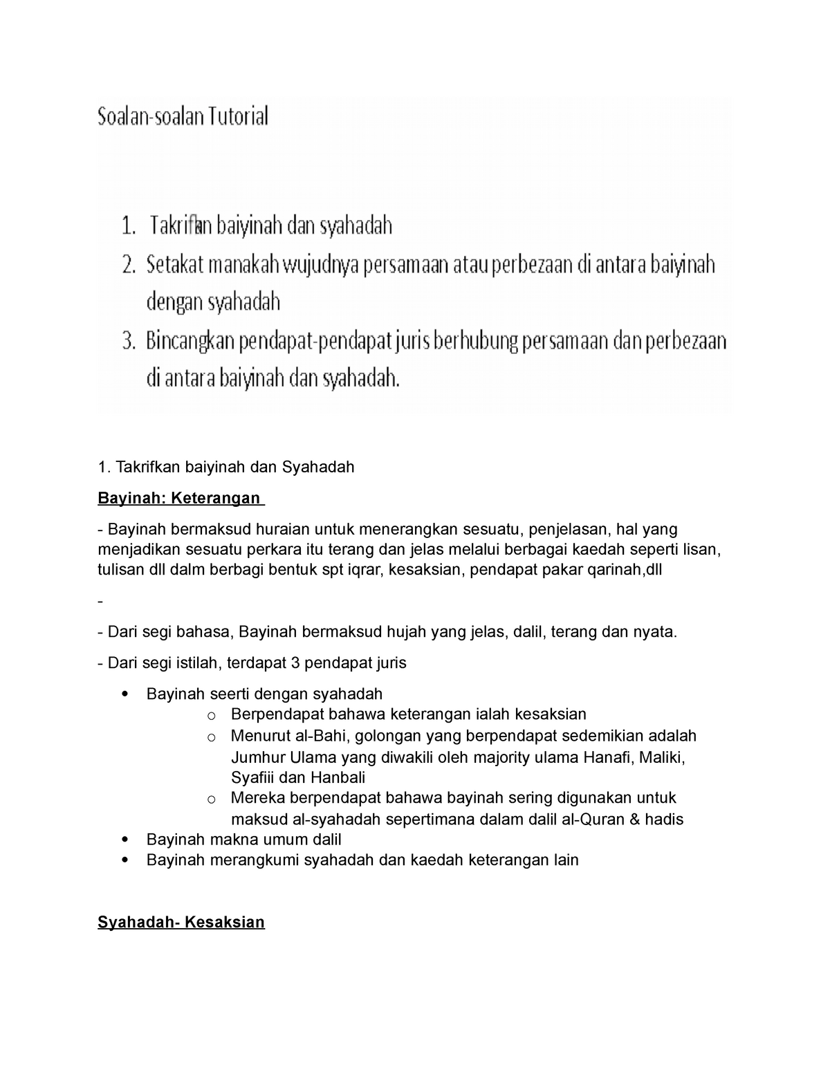 Soalan Tuto Baiyinah Dan Syahadah Takrifkan Baiyinah Dan Syahadah Bayinah Keterangan Bayinah Studocu