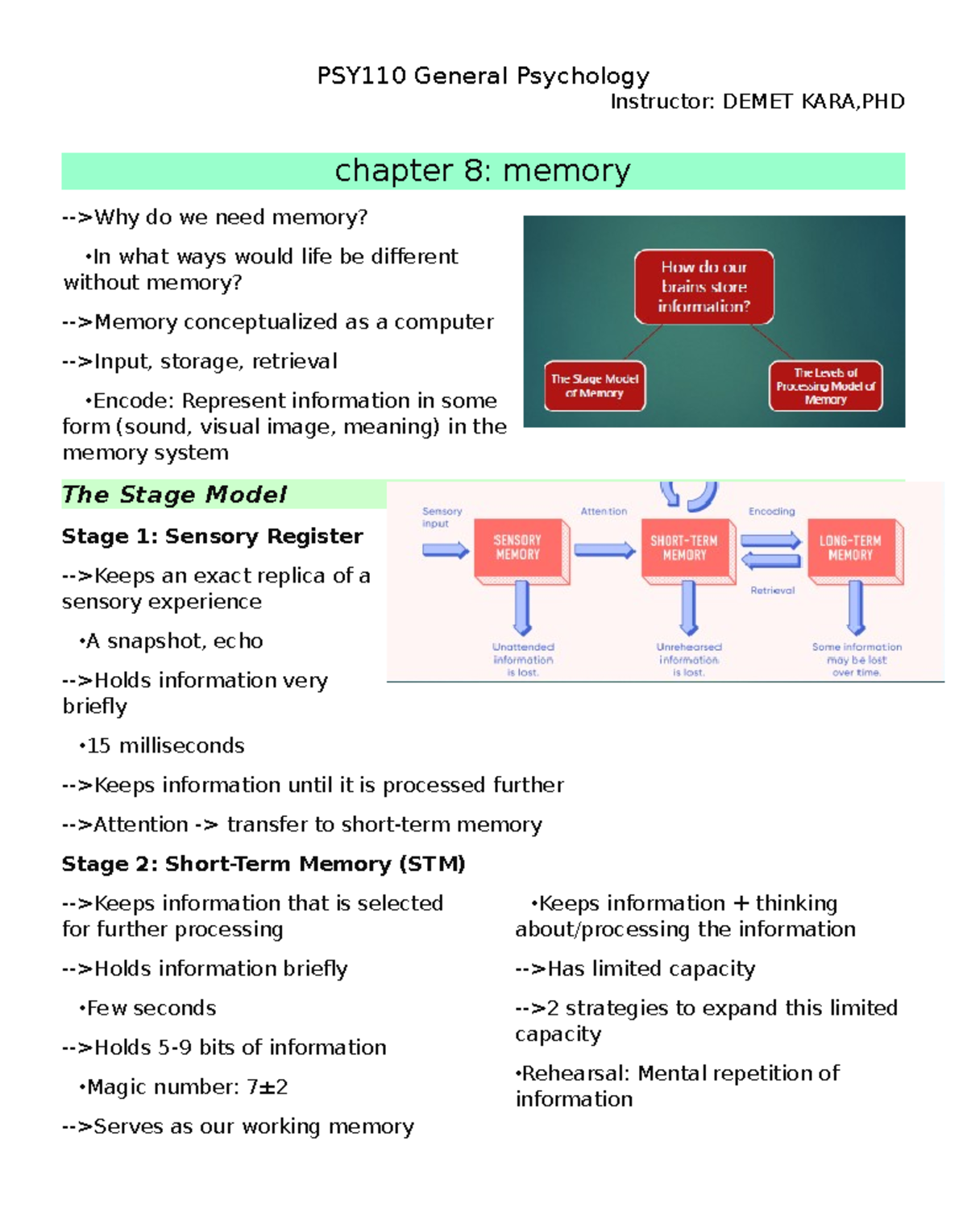 Chapter 8 - General Psychology Lecture Notes - Instructor: DEMET KARA ...