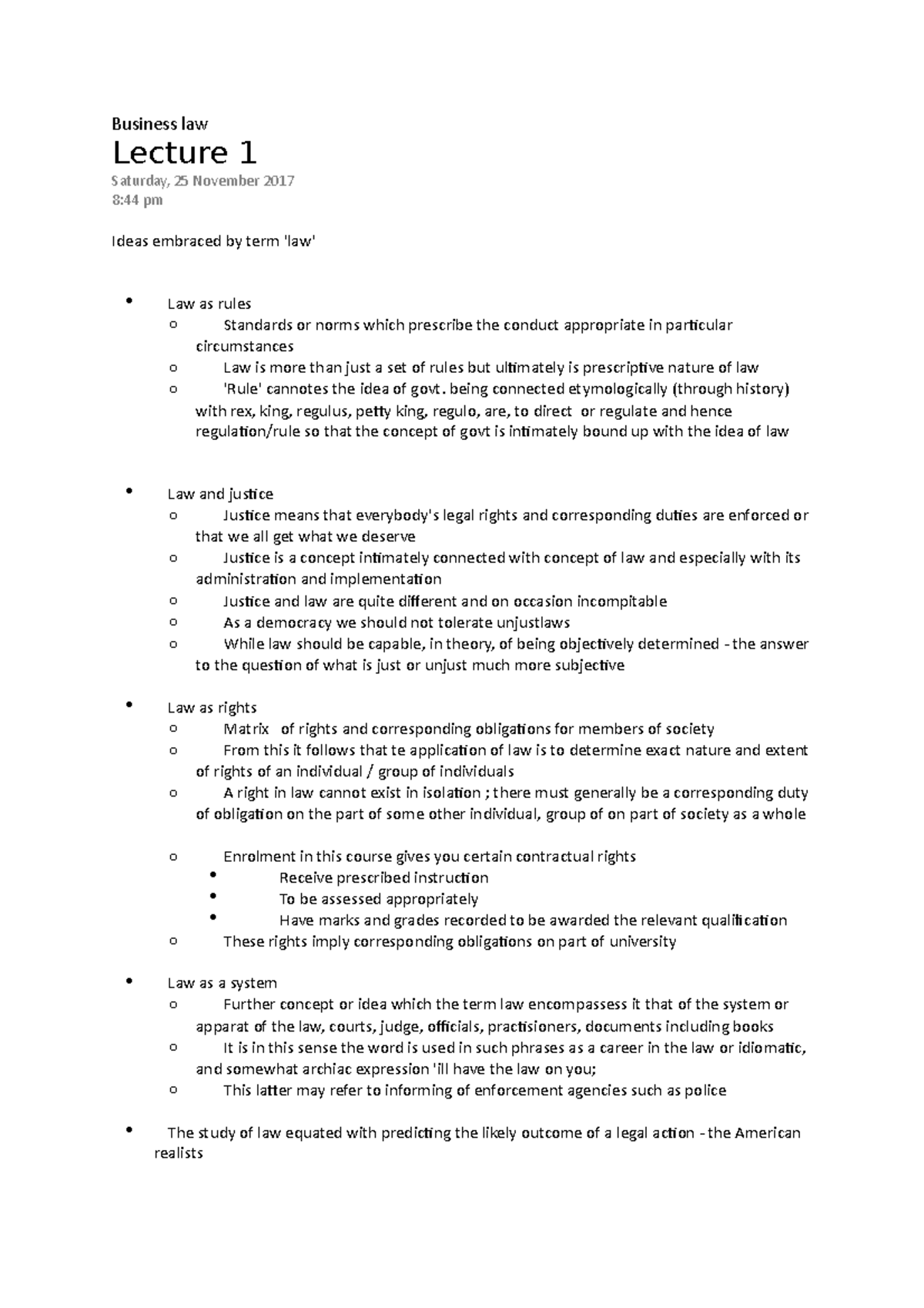 Business law - Lecture notes all - Business law Lecture 1 Saturday, 25 ...