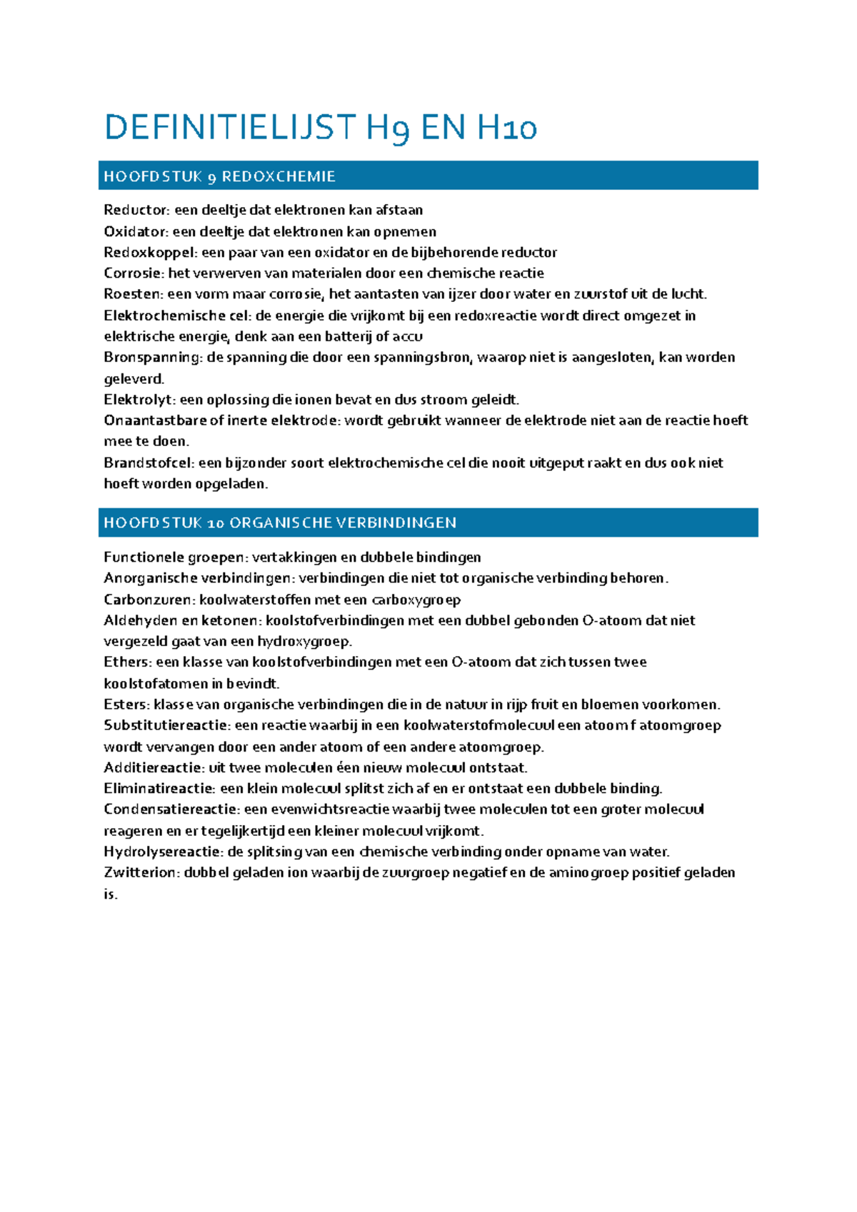 Definitielijst H9 En H10, Redoxchemie En Organische Verbindingen NOVA ...